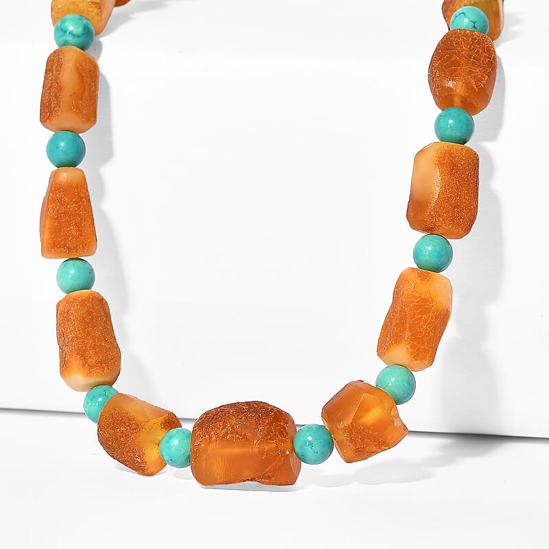 EverTrue Honey Amber and Magnesite 140.00 ctw Beaded Necklace in Stainless Steel 20-22 Inches
