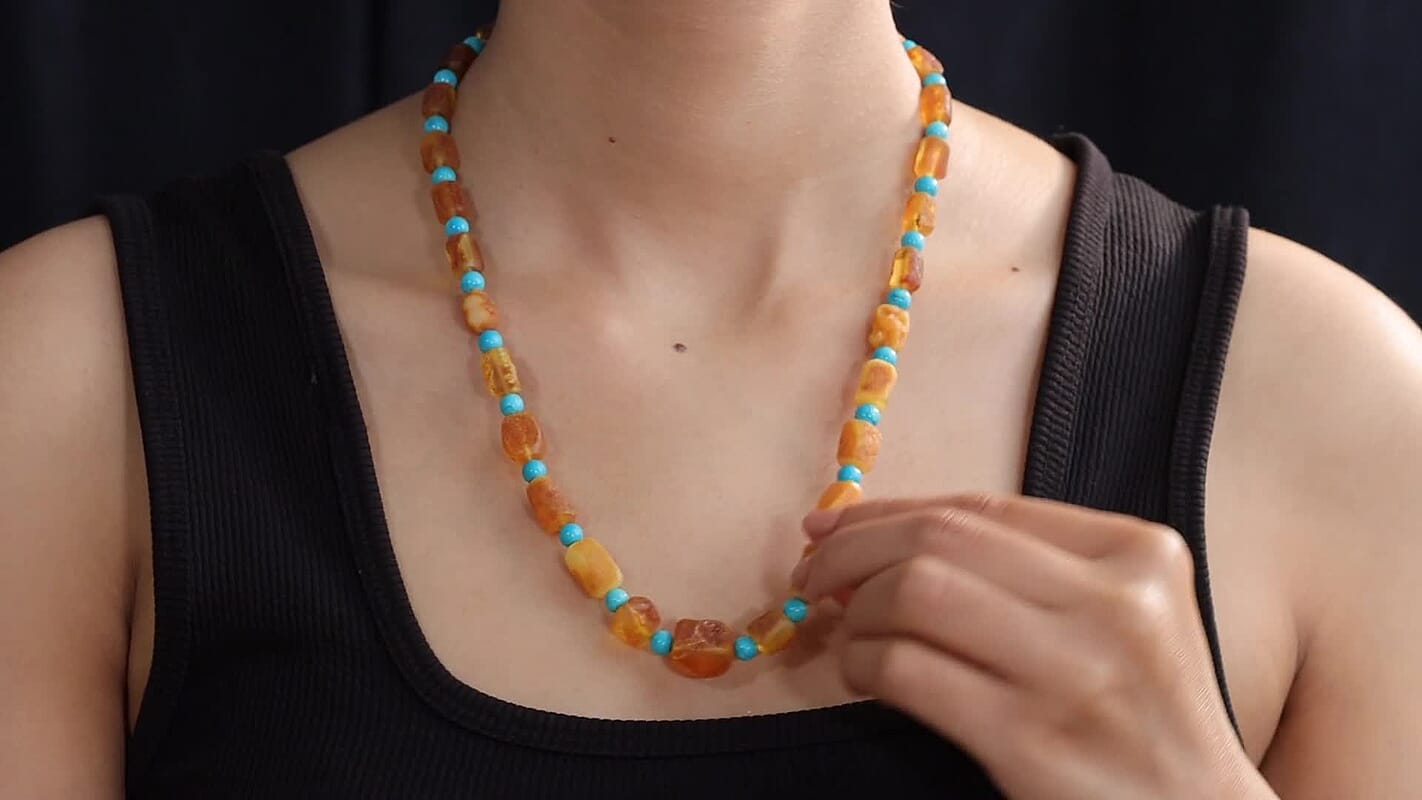 EverTrue Honey Amber and Magnesite 140.00 ctw Beaded Necklace in Stainless Steel 20-22 Inches