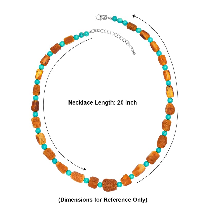 EverTrue Honey Amber and Magnesite 140.00 ctw Beaded Necklace in Stainless Steel 20-22 Inches