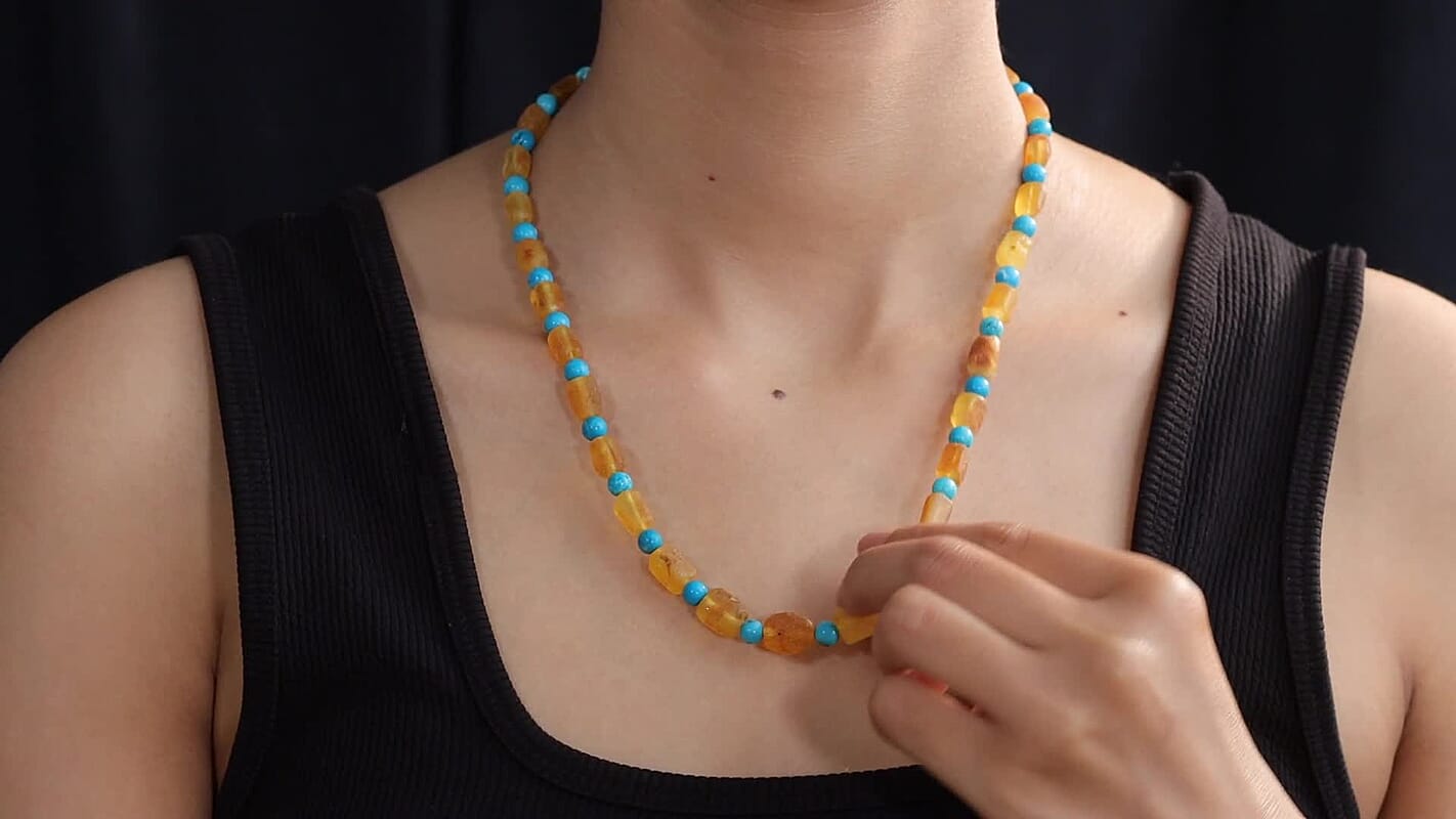EverTrue Caramel Amber, Magnesite Beaded Necklace (20-22 Inches) in Stainless Steel 140.00 ctw