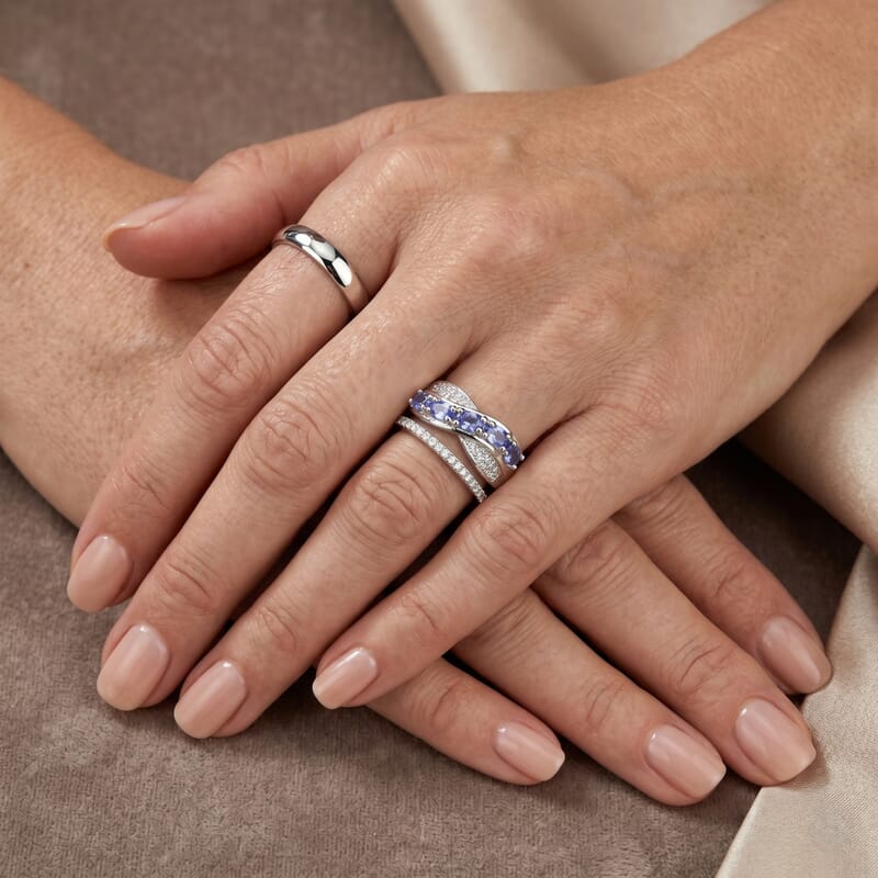 EverTrue Tanzanite and White Zircon 1.35 ctw Serpentine Elegance Ring in Platinum Bond (Size 6.0)