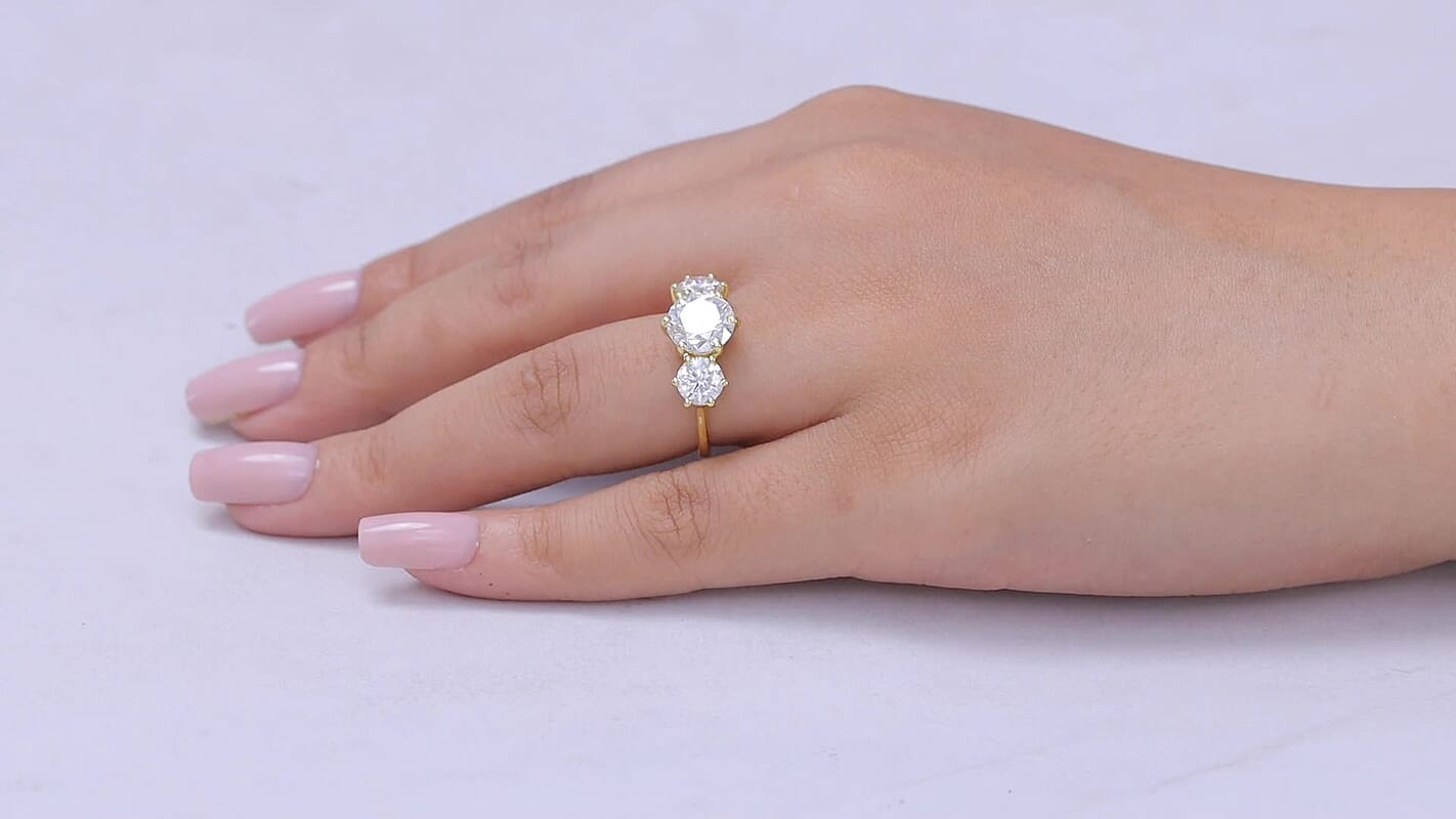 D'Joy Moissanite (Rnd 8mm) Trinity Spark Ring in 18K YG Plated Sterling Silver (Size 10.0) 3.50 ctw