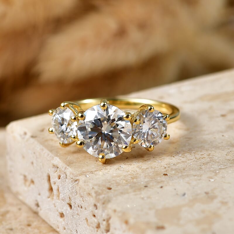 D'Joy Moissanite 3.15 ctw Trinity Spark Ring in 18K YG Plated Sterling Silver (Size 6.0)