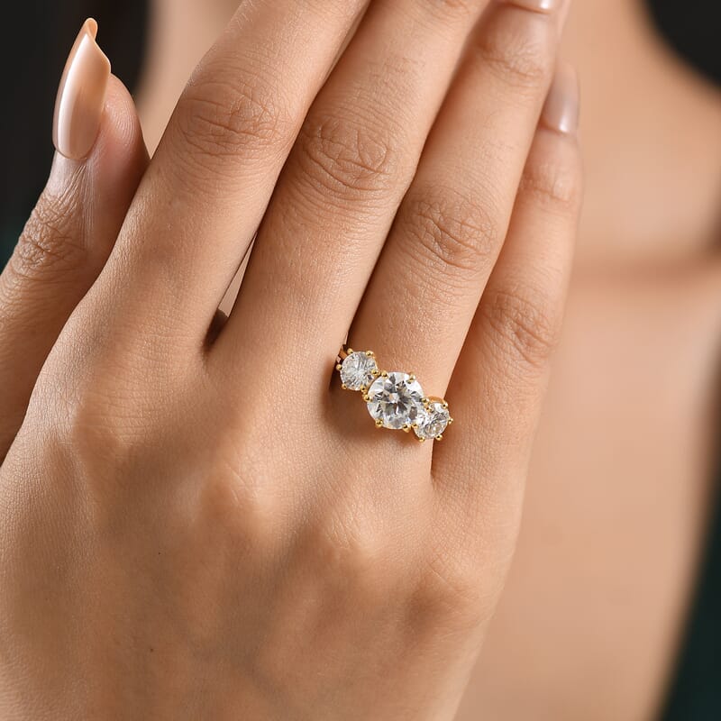 D'Joy Moissanite 3.15 ctw Trinity Spark Ring in 18K YG Plated Sterling Silver (Size 6.0)