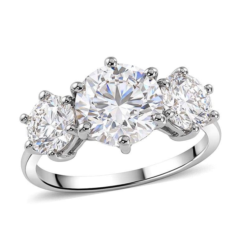 D'Joy Moissanite 3.50 ctw Trinity Spark Ring in Platinum Over Sterling Silver (Size 5.0)