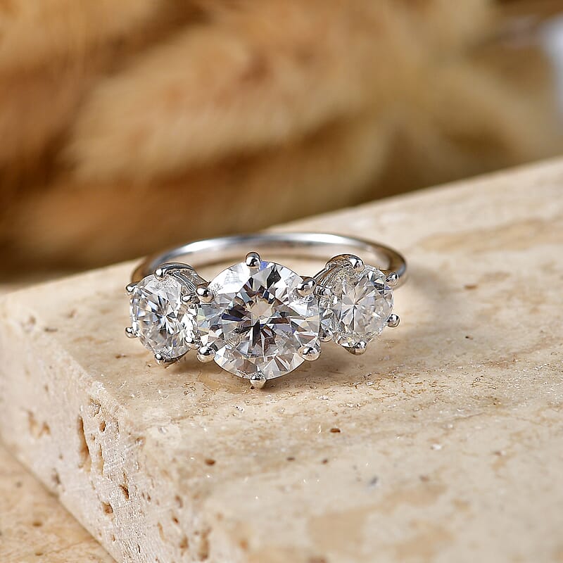 D'Joy Moissanite 3.50 ctw Trinity Spark Ring in Platinum Over Sterling Silver (Size 5.0)