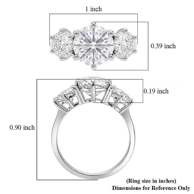 D'Joy Moissanite 3.50 ctw Trinity Spark Ring in Platinum Over Sterling Silver (Size 5.0)