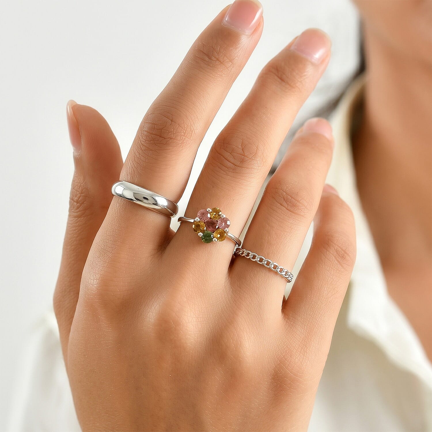 EverTrue Premium Multi-Tourmaline 1.40 ctw Floral Ring in Platinum Bond (Size 5.0)