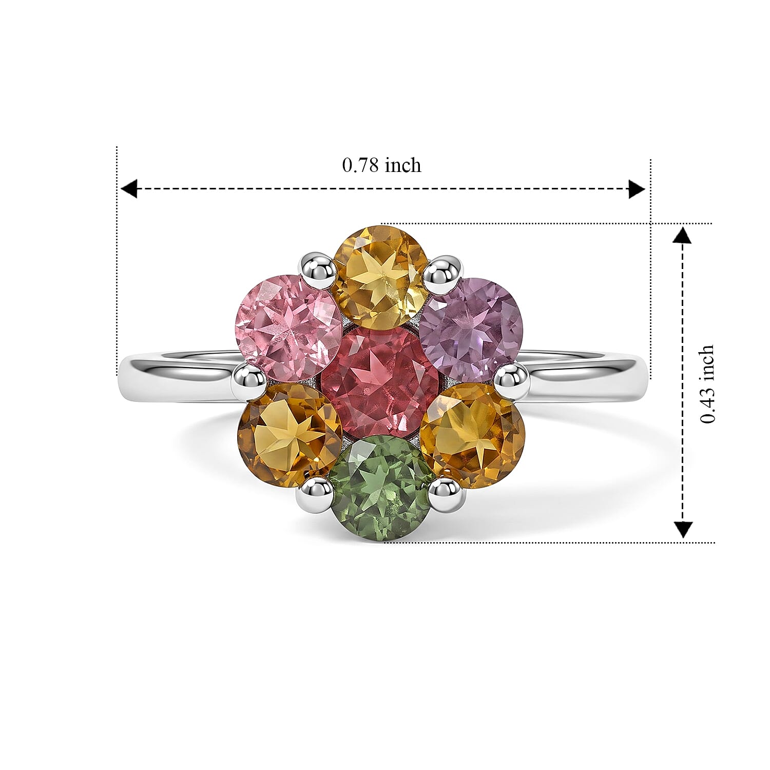 EverTrue Premium Multi-Tourmaline 1.40 ctw Floral Ring in Platinum Bond (Size 5.0)