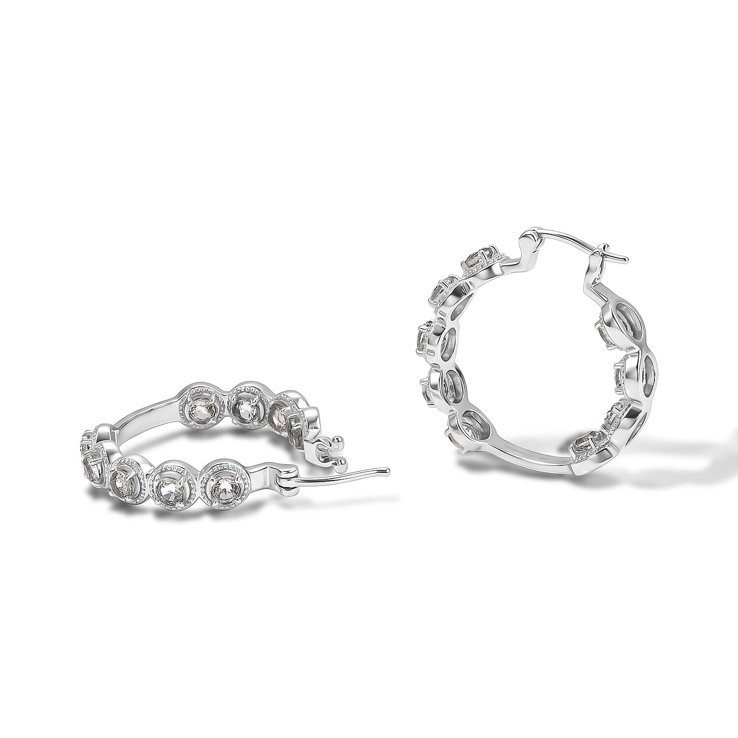 EverTrue White Topaz 7.00 ctw Vintage Station Hoop Earrings in Stainless Steel