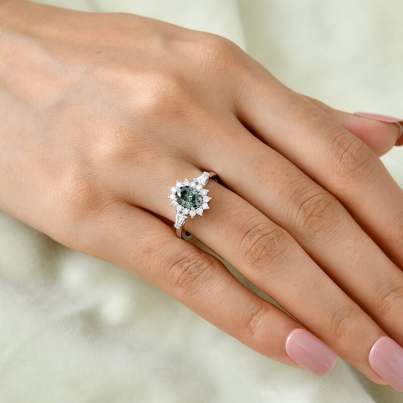 SGL Certified Luxuriant Lab Grown Green Diamond (IR) and Lab Grown Diamond (SI) 1.75 ctw Verdant Elegance Halo Ring in Rhodium Over Sterling Silver (Size 6.0)