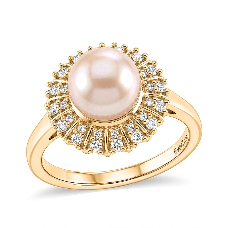 EverTrue Pink Freshwater Pearl and White Zircon 0.50 ctw Crown of Light Ring in 18K YG Plated (Size 5.0)