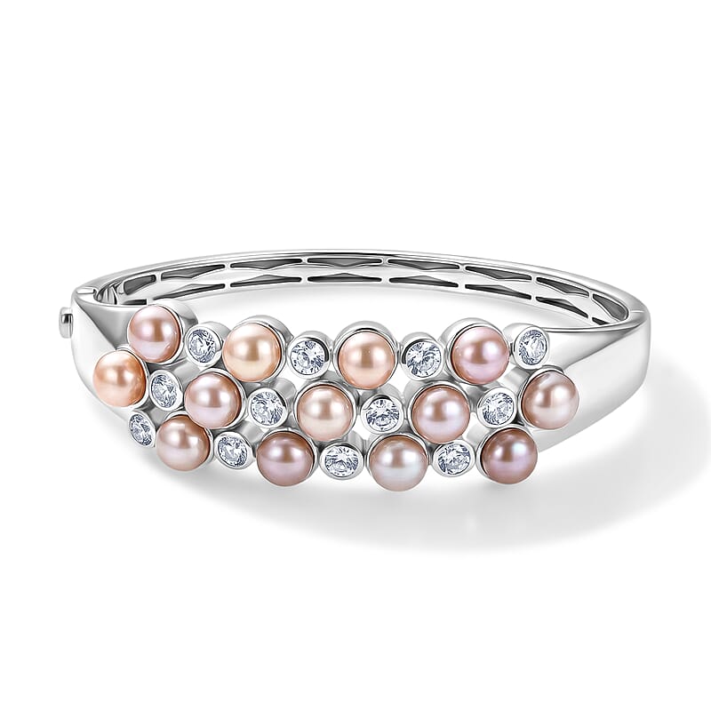EverTrue Pink Freshwater Pearl and White Topaz 4.00 ctw Blush Pearl Buble Style Bangle Bracelet in Platinum Bond (6.50 In)