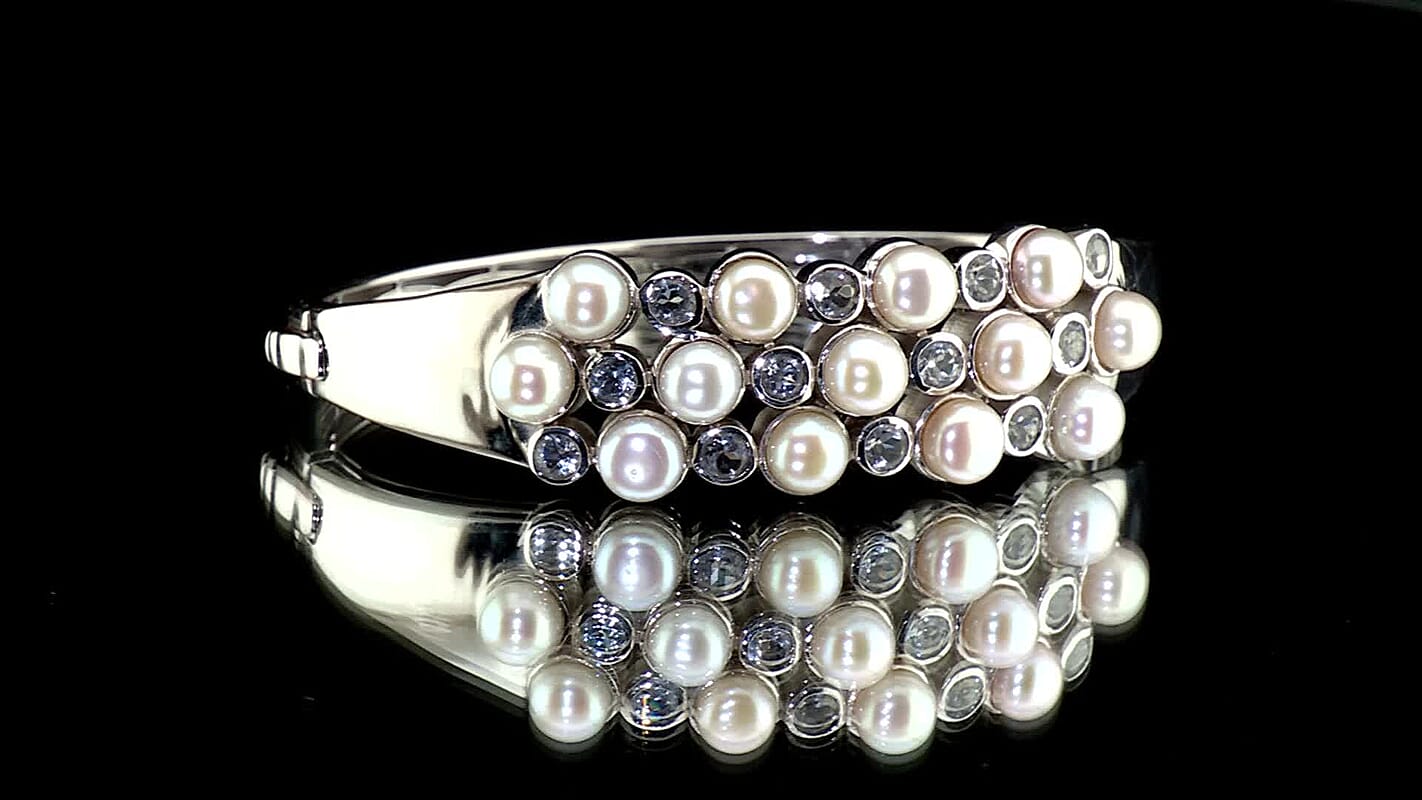 EverTrue Pink Freshwater Pearl, White Topaz Blush Pearl Whisper Bangle Bracelet in Platinum Bond (7.25 in) 3.60 ctw