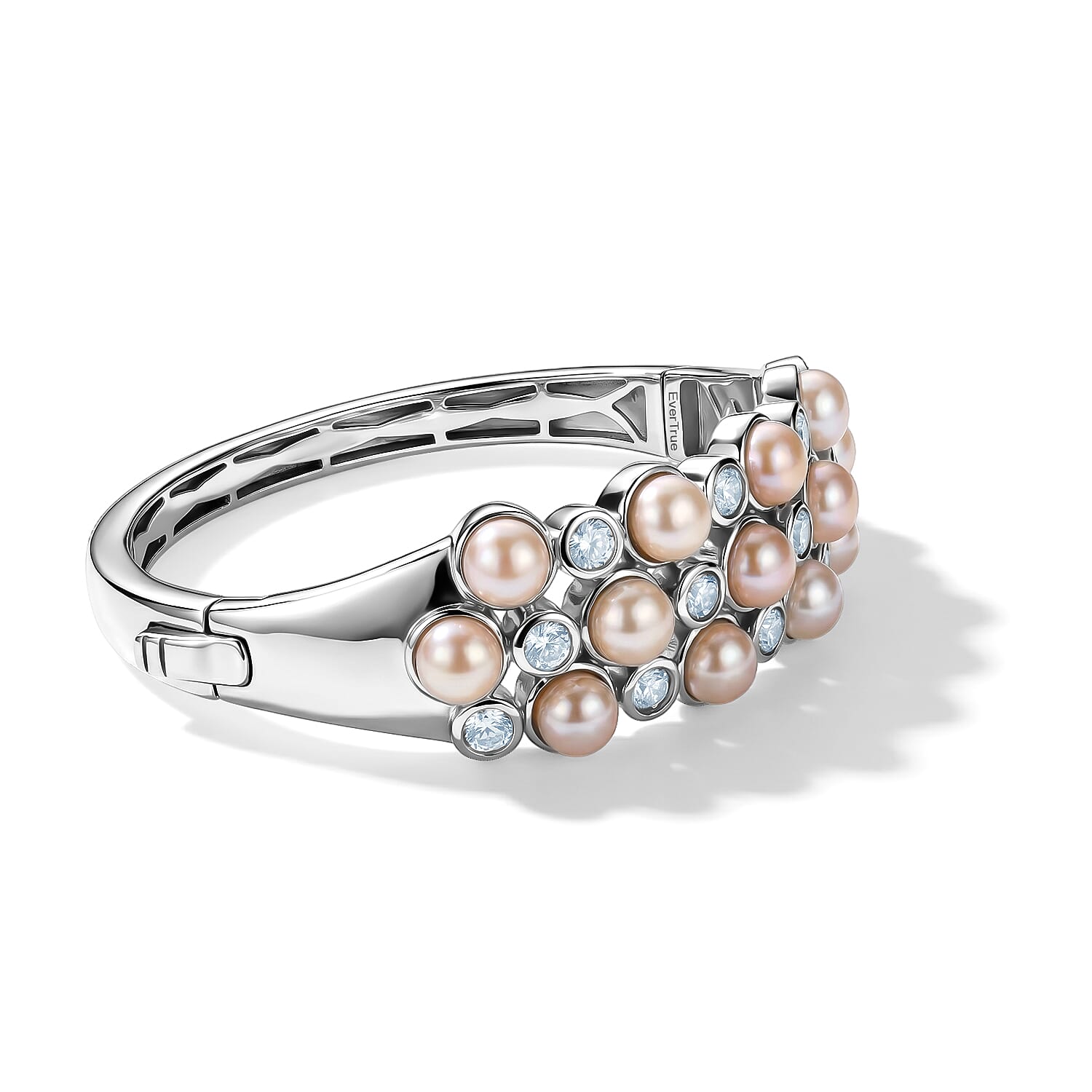 EverTrue Pink Freshwater Pearl and White Topaz 3.60 ctw Blush Pearl Buble Style Bangle Bracelet in Platinum Bond (6.50 In)