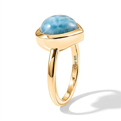 D'Joy AAA Larimar Solitaire Ring 18K YG Plated Sterling Silver (Size 6.0) 4.10 ctw