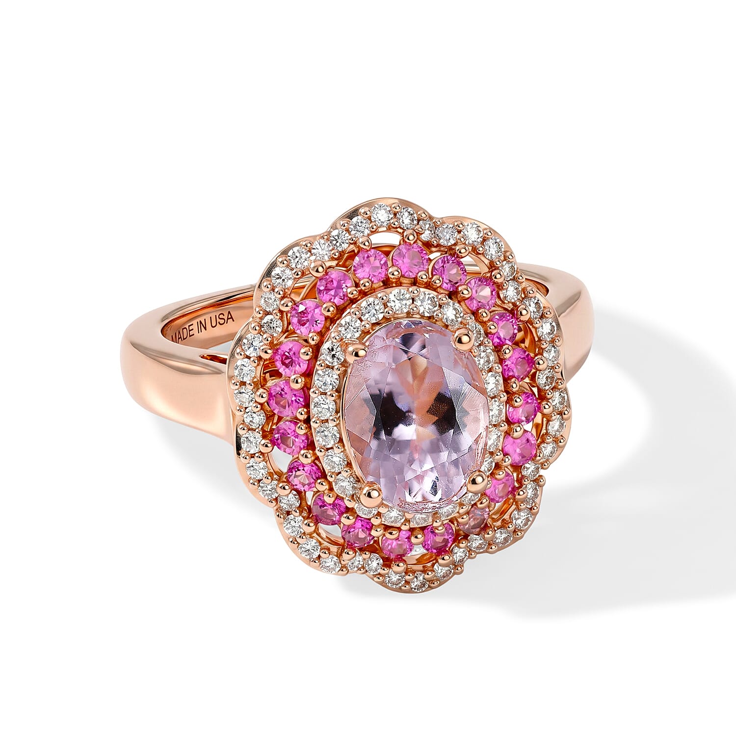 D'Joy Premium Pink Morganite and Multi Gemstone 1.80 ctw Rose Bloom Ring in 18K Vermeil RG Over Sterling Silver (Size 6.0)