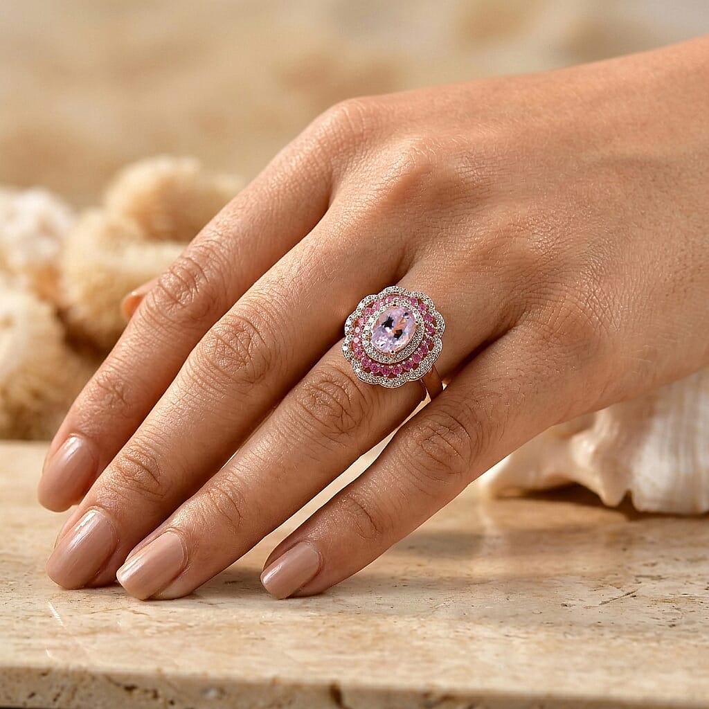 D'Joy Premium Pink Morganite and Multi Gemstone 1.80 ctw Rose Bloom Ring in 18K Vermeil RG Over Sterling Silver (Size 6.0)