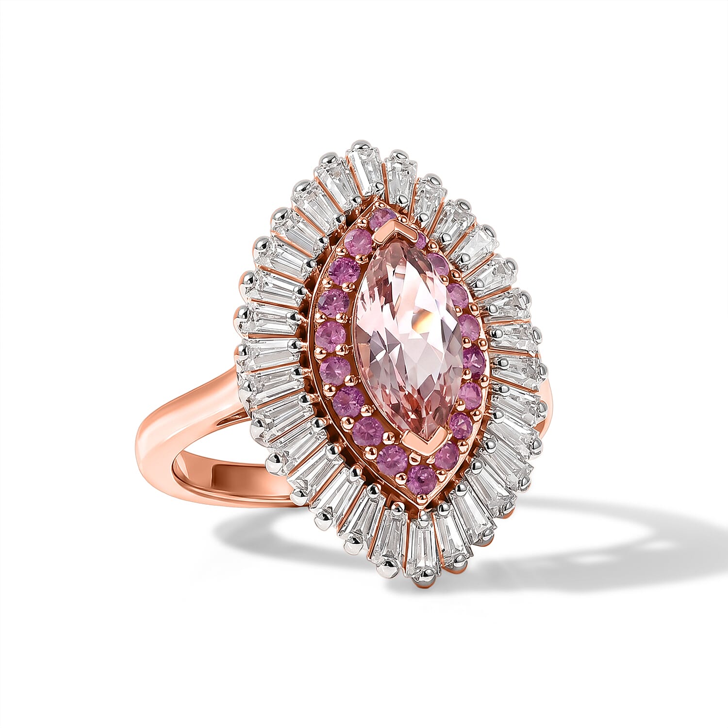 D'Joy Premium Pink Morganite and Multi Gemstone 2.35 ctw Rose Sunburst Ring in 18K Vermeil RG Over Sterling Silver (Size 6.0)