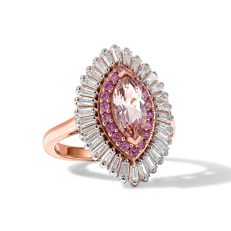 D'Joy Premium Pink Morganite and Multi Gemstone 2.35 ctw Rose Sunburst Ring in 18K Vermeil RG Over Sterling Silver (Size 6.0)