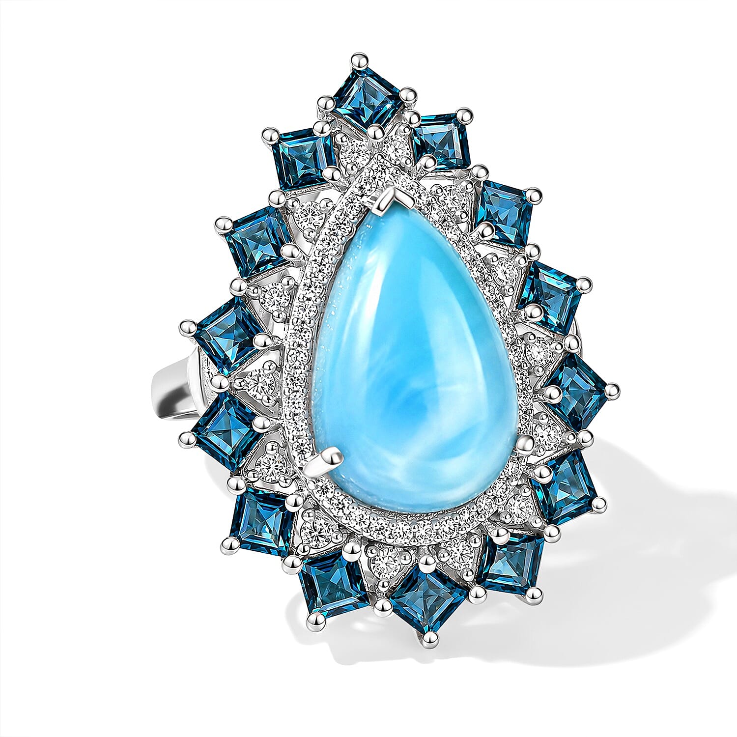 D'Joy AAA Larimar and Multi Gemstone 10.70 ctw Ring in Rhodium Over Sterling Silver (Size 6.0)