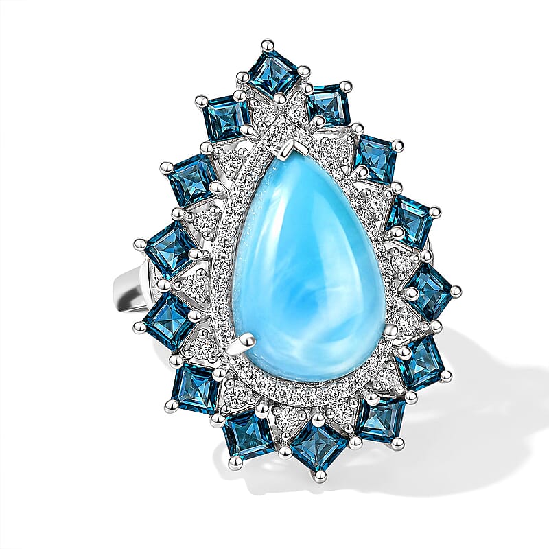 D'Joy AAA Larimar and Multi Gemstone 10.70 ctw Ring in Rhodium Over Sterling Silver (Size 6.0)