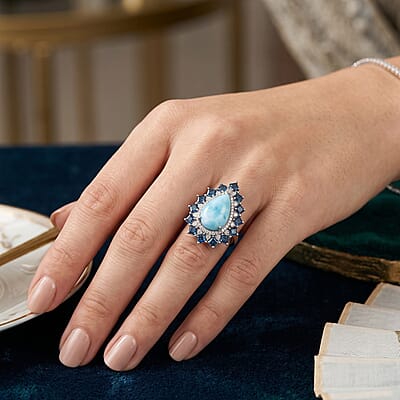D'Joy AAA Larimar and Multi Gemstone 10.70 ctw Ring in Rhodium Over Sterling Silver (Size 6.0)