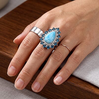D'Joy AAA Larimar and Multi Gemstone 10.70 ctw Ring in Rhodium Over Sterling Silver (Size 6.0)