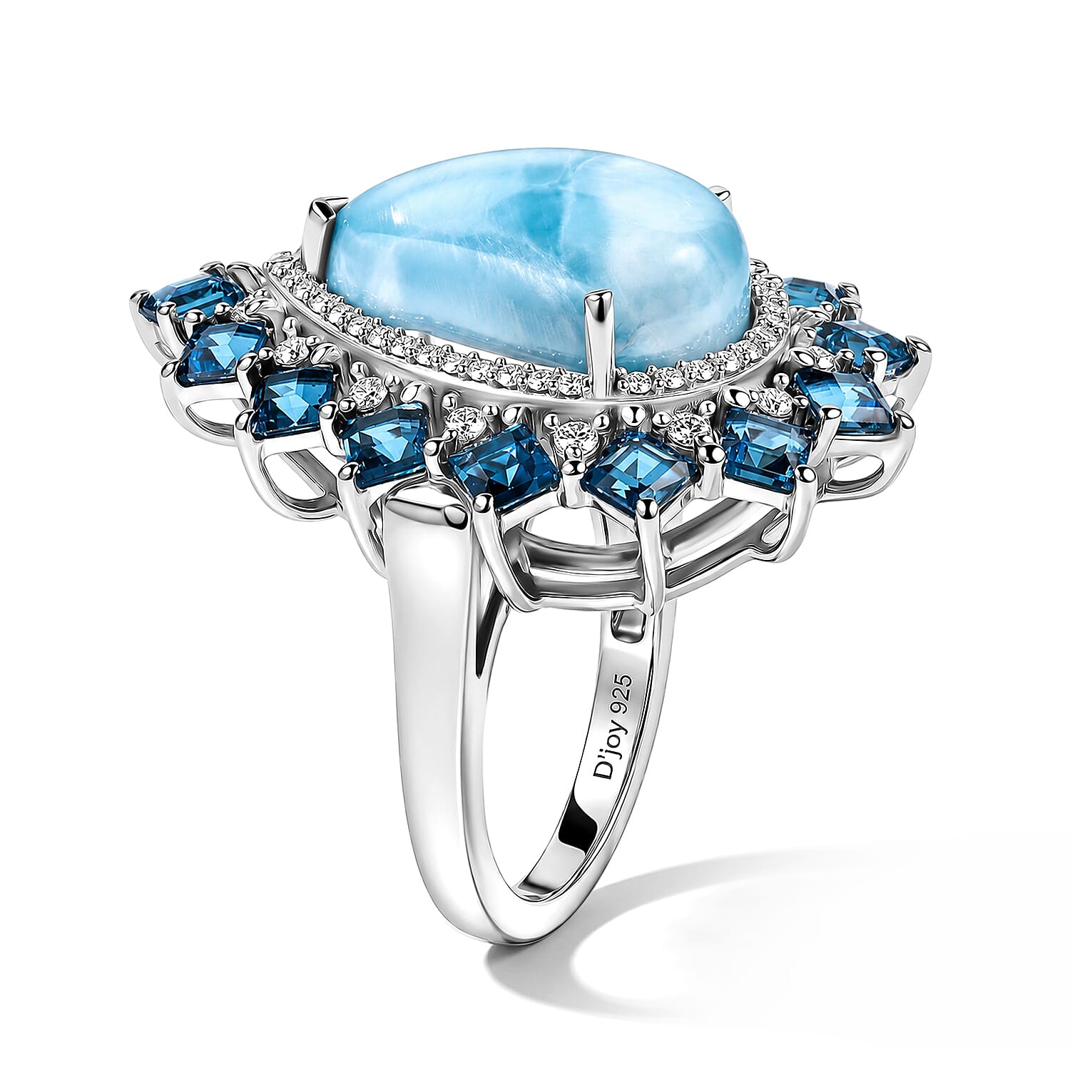D'Joy AAA Larimar and Multi Gemstone 10.70 ctw Ring in Rhodium Over Sterling Silver (Size 6.0)