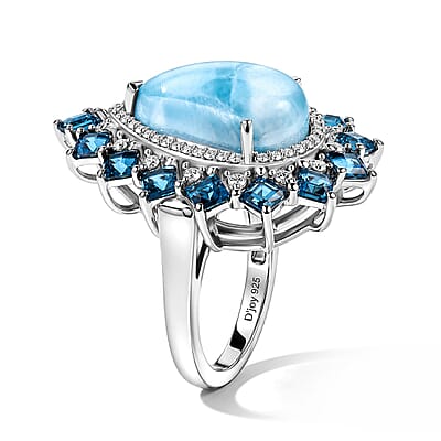 D'Joy AAA Larimar and Multi Gemstone 10.70 ctw Ring in Rhodium Over Sterling Silver (Size 6.0)