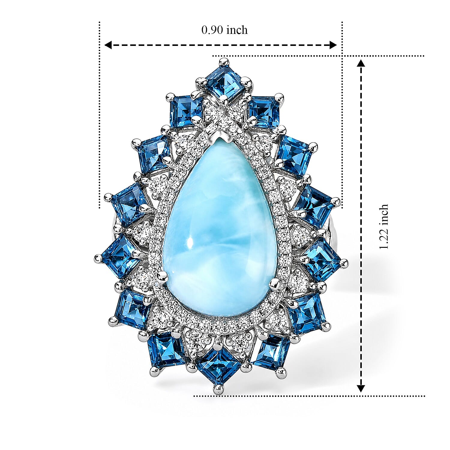 D'Joy AAA Larimar and Multi Gemstone 10.70 ctw Ring in Rhodium Over Sterling Silver (Size 6.0)