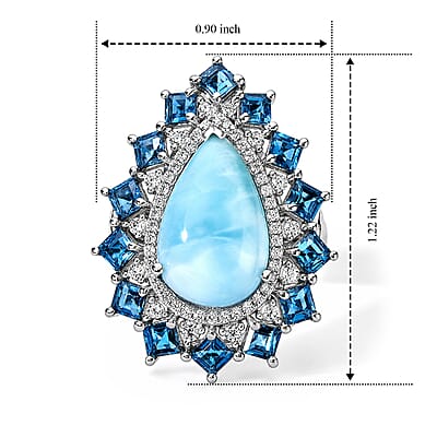 D'Joy AAA Larimar and Multi Gemstone 10.70 ctw Ring in Rhodium Over Sterling Silver (Size 6.0)