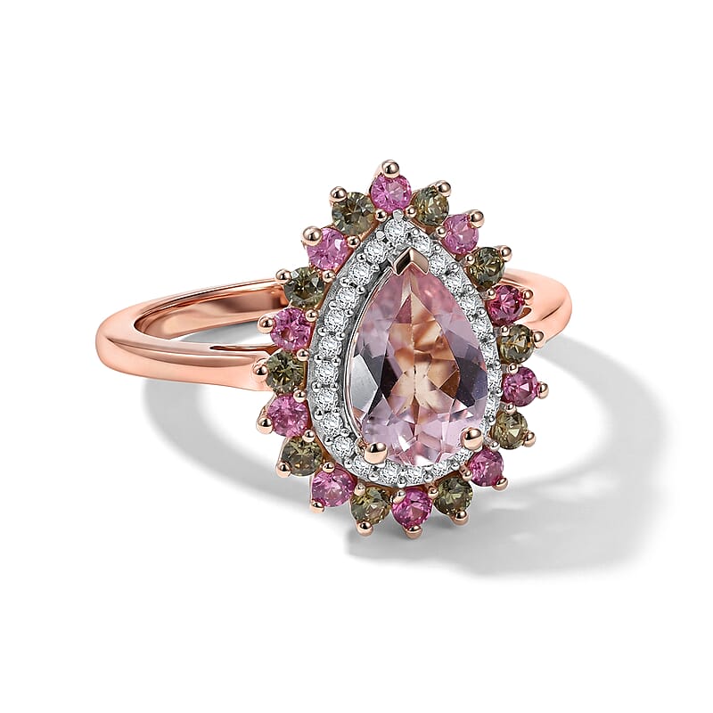 D'Joy Premium Pink Morganite and Multi Gemstone 1.85 ctw Blush Mist Floral Ring in 18K Vermeil RG Over Sterling Silver (Size 6.0)