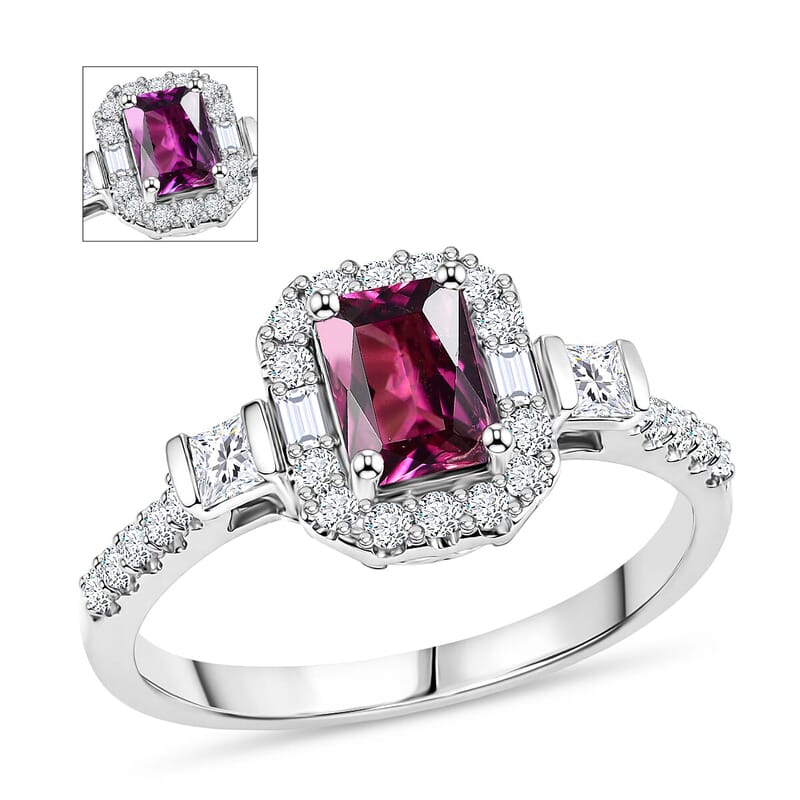 D'Joy Premium Usambara Color Change Garnet, Moissanite Ring in Rhodium Over Sterling Silver (Size 8.0) 1.75 ctw