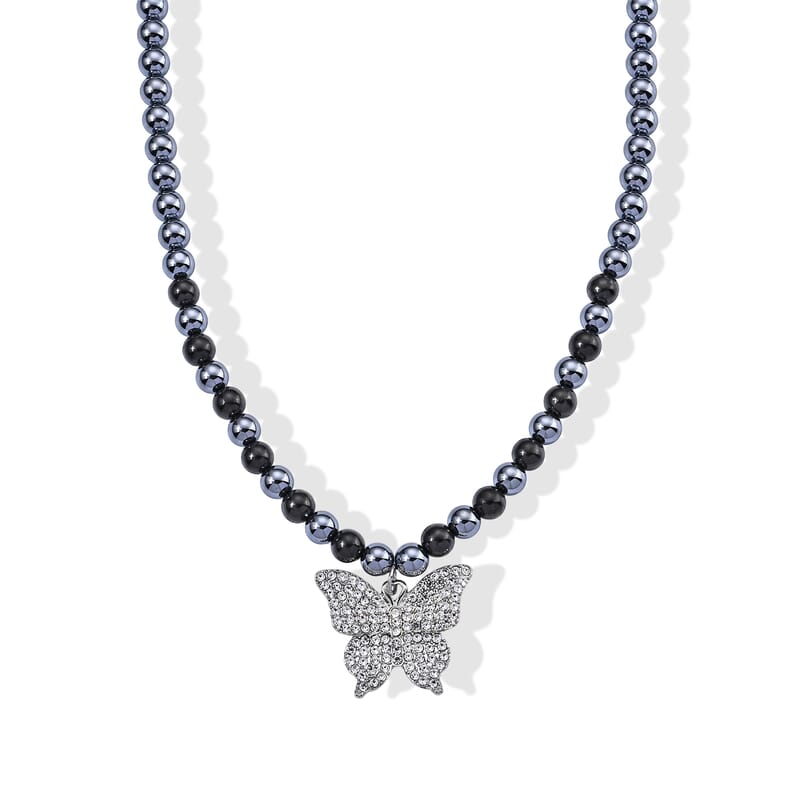 Terahertz and Shungite 210.00 ctw, Austrian Crystal Beaded Butterfly Necklace (18-20 Inches) in Silvertone and Stainless Steel