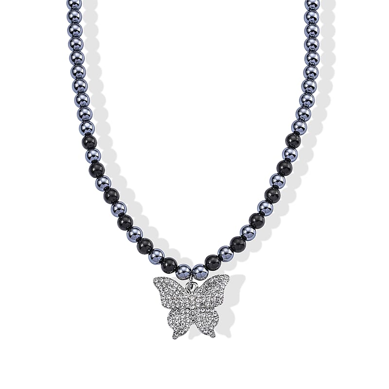 Terahertz and Shungite 210.00 ctw, Austrian Crystal Beaded Butterfly Necklace (18-20 Inches) in Silvertone and Stainless Steel
