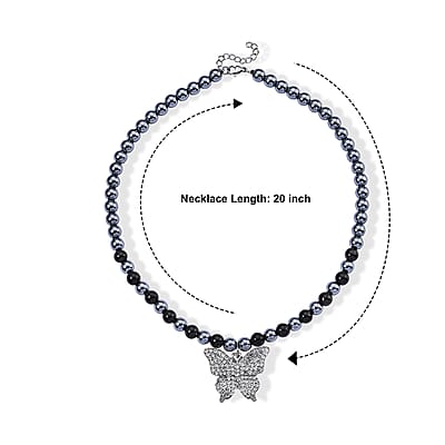 Terahertz and Shungite 210.00 ctw, Austrian Crystal Beaded Butterfly Necklace (18-20 Inches) in Silvertone and Stainless Steel