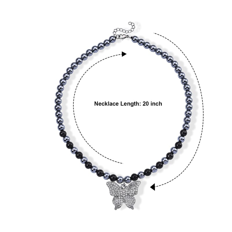 Terahertz and Shungite 210.00 ctw, Austrian Crystal Beaded Butterfly Necklace (18-20 Inches) in Silvertone and Stainless Steel