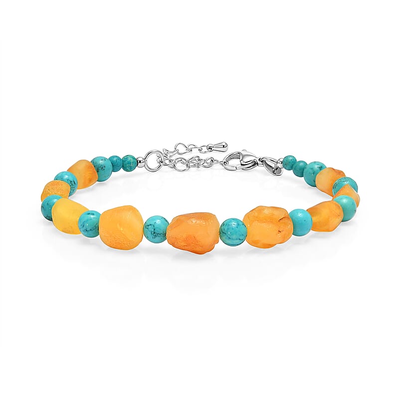EverTrue Caramel Amber and Magnesite 40.00 ctw Beaded Bracelet in Stainless Steel (7.25-9.25In)