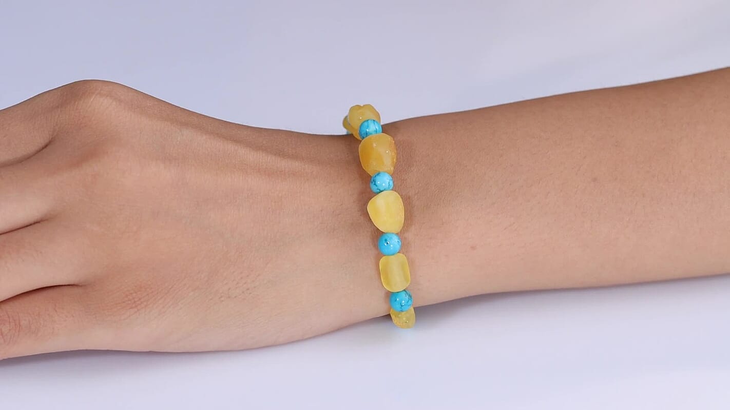 EverTrue Caramel Amber and Magnesite 40.00 ctw Beaded Bracelet in Stainless Steel (7.25-9.25In)