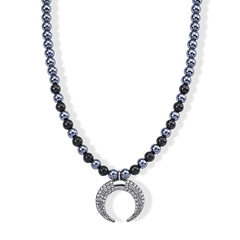 Terahertz and Shungite 210.00 ctw, Austrian Crystal Beaded Moon Necklace (18-20 Inches) in Silvertone and Stainless Steel