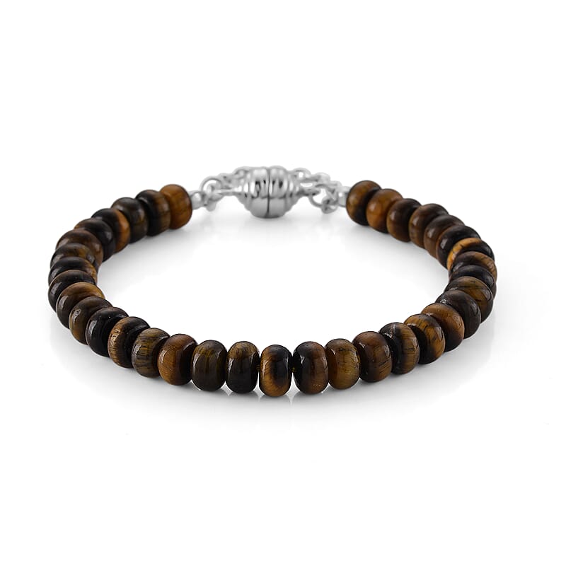 Yellow Tiger's Eye 80.00 ctw Beaded Bracelet in Stainless Steel (7.50-9.00In)