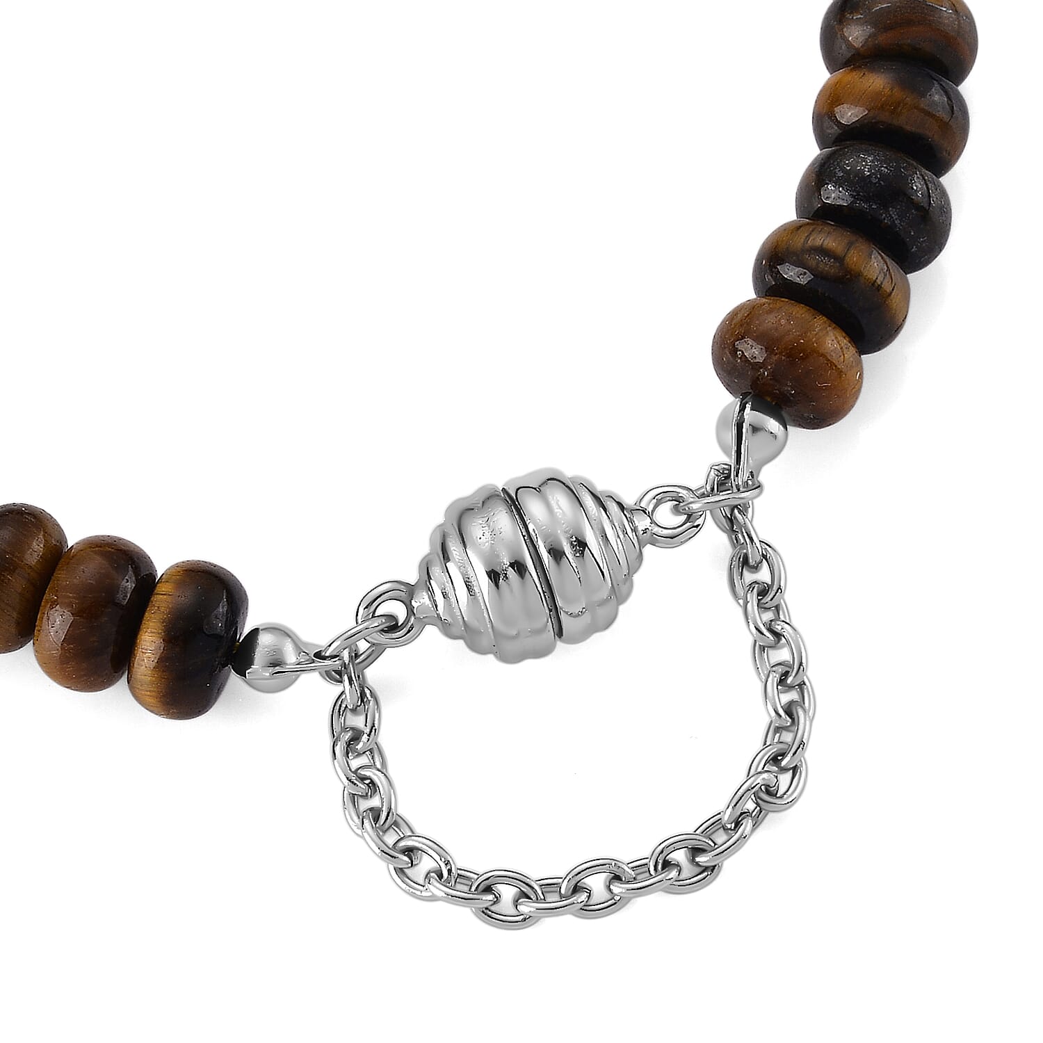 Yellow Tiger's Eye 80.00 ctw Beaded Bracelet in Stainless Steel (7.50-9.00In)
