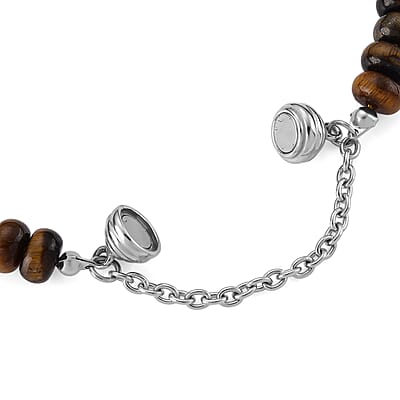 Yellow Tiger's Eye 80.00 ctw Beaded Bracelet in Stainless Steel (7.50-9.00In)