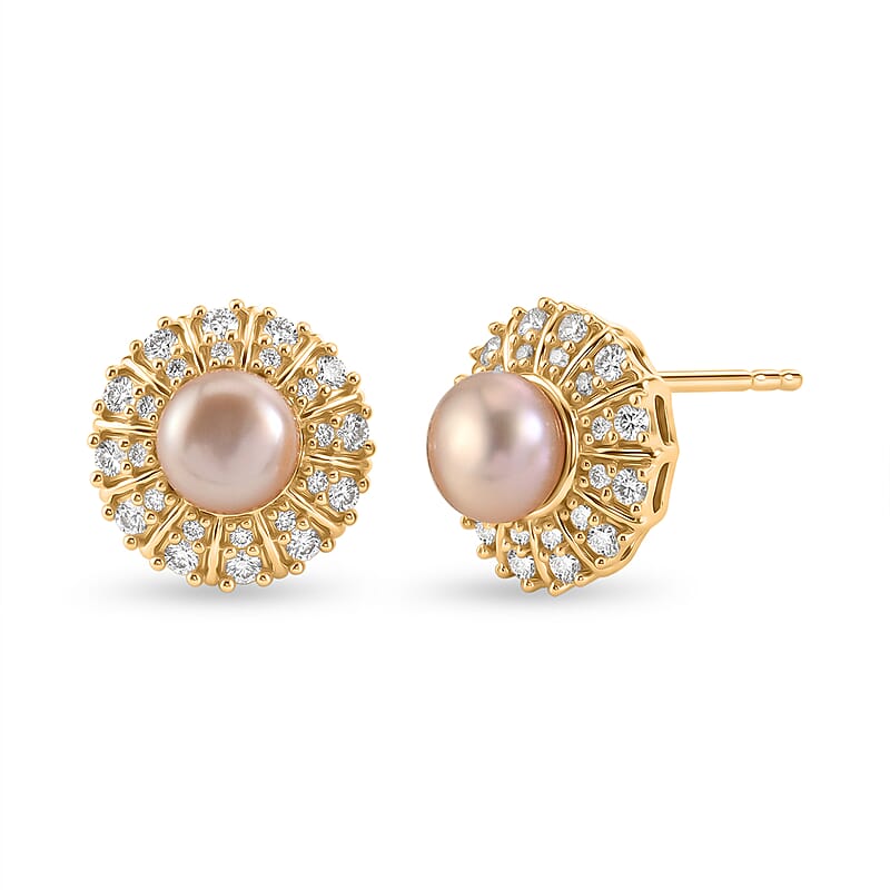 EverTrue Pink Fresh Water Pearl and White Zircon 0.75 ctw Crown of Light Earrings in 18K YG Plated