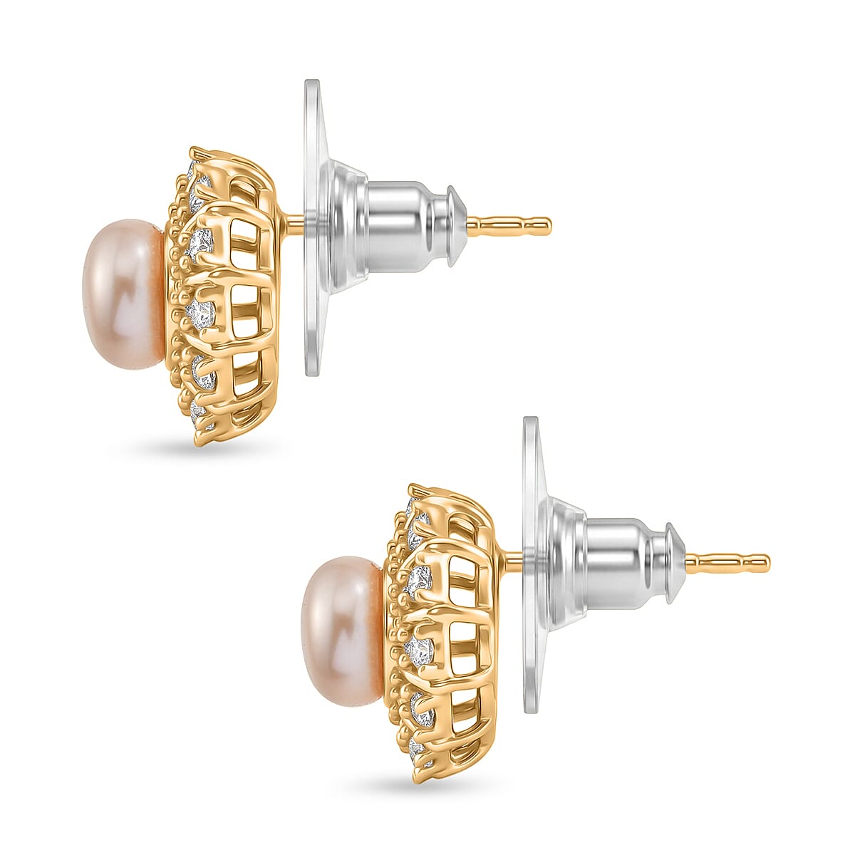 EverTrue Pink Fresh Water Pearl and White Zircon 0.75 ctw Crown of Light Earrings in 18K YG Plated image number 3