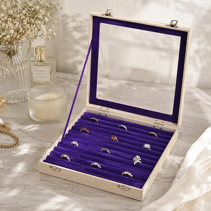 Purple SQ Velvet Ring Box, Inside All Ring Row Jewelry Box