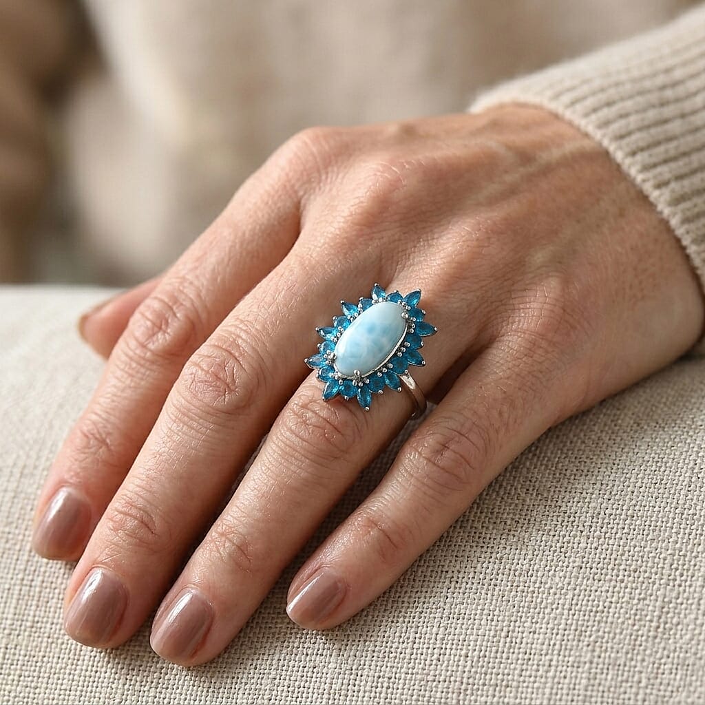 D'Joy Larimar and Neon Apatite 6.10 ctw Ocean Mist Ring in Rhodium Over Sterling Silver (Size 5.0)