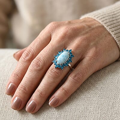 D'Joy Larimar and Neon Apatite 6.10 ctw Ocean Mist Ring in Rhodium Over Sterling Silver (Size 5.0)