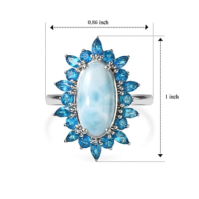 D'Joy Larimar and Neon Apatite 6.10 ctw Ocean Mist Ring in Rhodium Over Sterling Silver (Size 5.0)